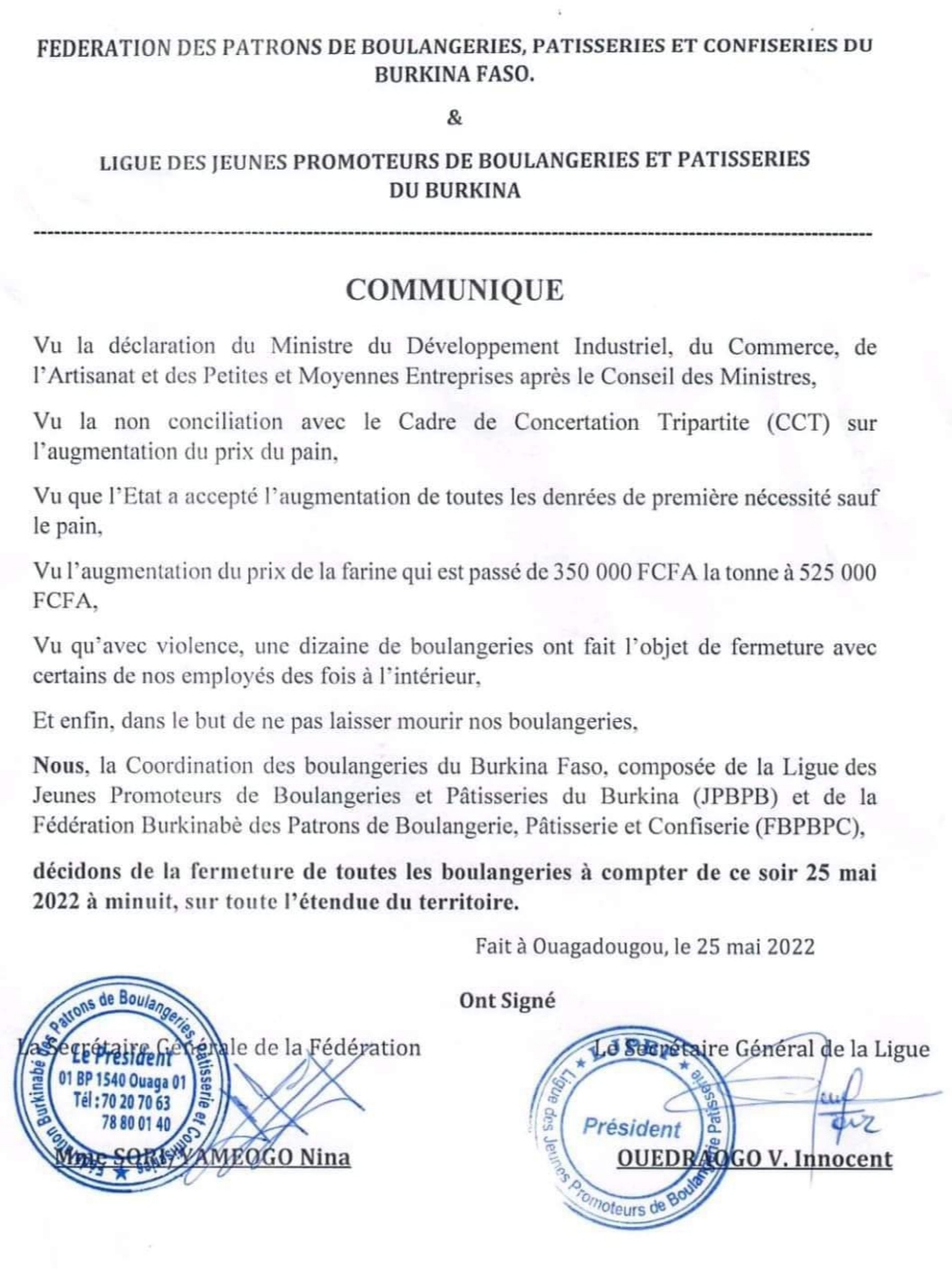 BF: Fermeture de toutes les boulangeries à compter de ce soir 25 mai 2022 à minuit (Communiqué)
