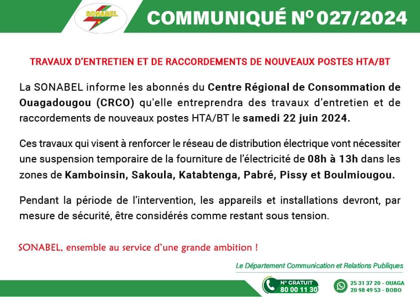 Suspension temporaire de la fourniture de l’#électricité ⚡ dans #6_zones de Ouaga (Communiqué de la SONABEL)