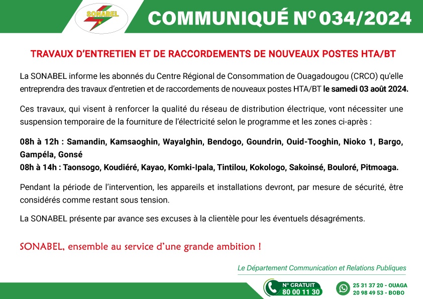 Communiqué SONABEL : TRAVAUX D’ENTRETIEN ET DE RACCORDEMENTS DE NOUVEAUX POSTES HTA/BT