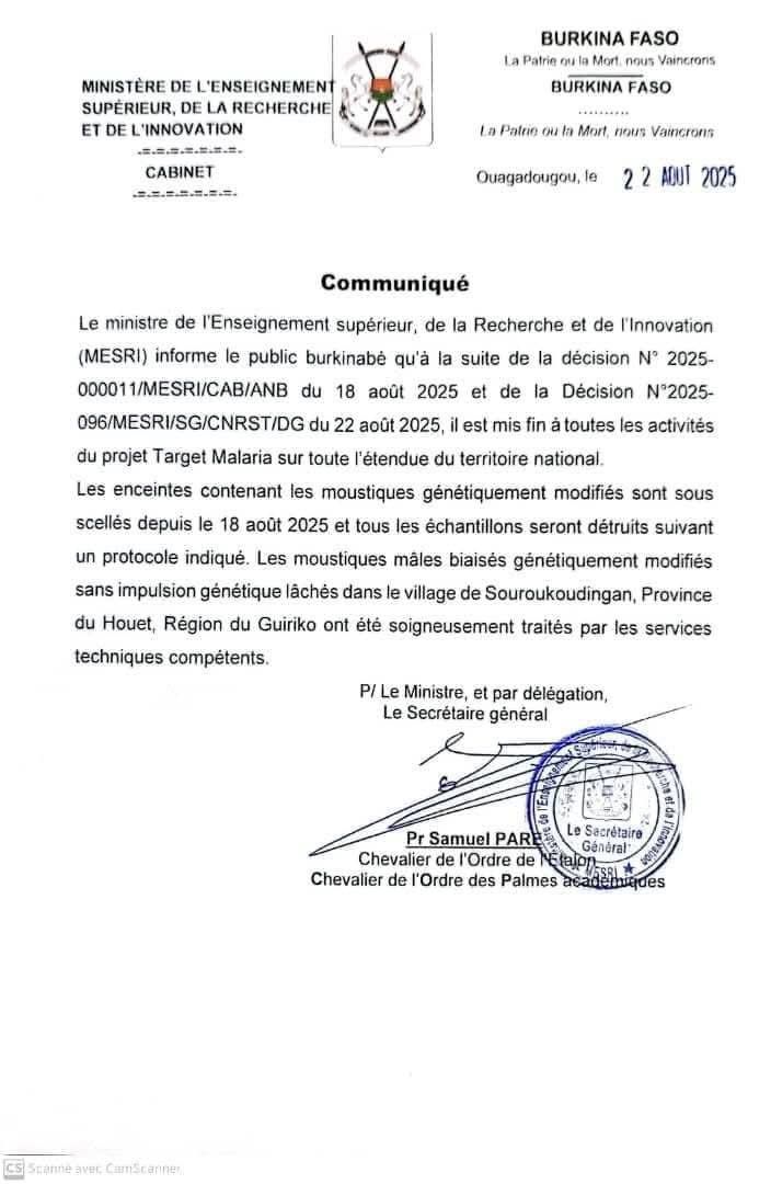 Arrêt du projet Target Malaria sur l'ensemble du territoire national 